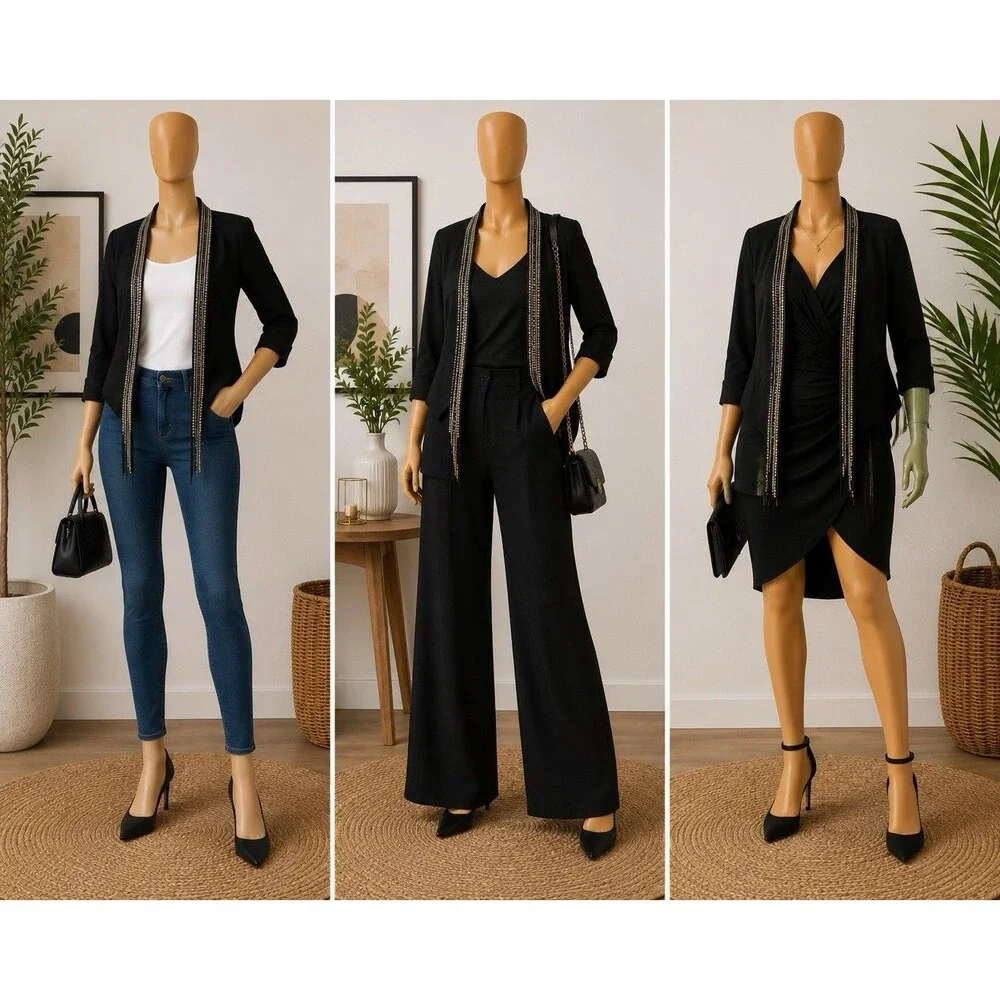 Rock & Republic Black Jacket Blazer Rhinestone Sz 2 Moto Party Rock Y2K Goth